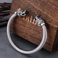 Top view of twisted wire cable Viking torc bracelet showing the open cuff silhouette