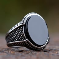 Men's retro black zircon ring with intricate geometric band detail