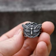 Overhead shot of the bold Death's Head Moth ring crafted from 316L stainless steel.