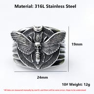 Angled view showcasing the shiny finish of the men's stainless steel skull moth ring.