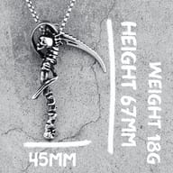 Stainless steel skull scythe pendant necklace displayed, emphasizing its gothic design and material.