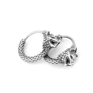 Full view of both stainless steel Nordic wolf hoop earrings side by side