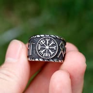 Full perspective of the men's stainless steel Viking Vegvisir amulet ring