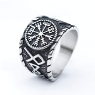 Stainless steel Viking ring featuring the Vegvisir compass and runes on a textured face