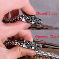 Nordic wolf head biker bracelet shown next to a rustic wooden gift box