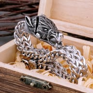Side profile showing the braided steel links of the Nordic wolf bracelet