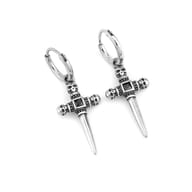 Stainless steel skull dagger cross drop earrings displayed on a dark textured background