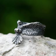 Angled view displaying the wingspan and smooth inner band of the eagle ring