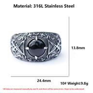 Angled view of the men's gothic ring, showcasing the substantial 316L stainless steel band with detailed side patterns extending around the finger.