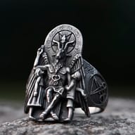 Detail shot of the intricate pentagram and symbolic designs etched into the durable 316L stainless steel ring, with a darkened background to emphasize the relief.