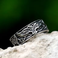 Detail of the flying eagle design on the Nordic ring, with clear depiction of the oxidized and polished contrasts