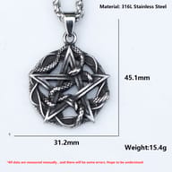 Frontal close-up of the durable 316L stainless steel snake pentagram pendant on a tree branch