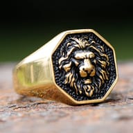 Oblique view highlighting the depth of the 3D lion head on the ring