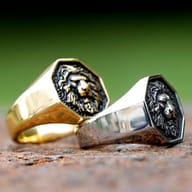 Top-down view of the stainless steel lion head ring against a dark background