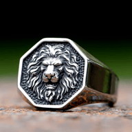 Close-up of a silver-toned stainless steel ring with an octagonal face featuring a detailed, fierce lion head in relief against a textured background.