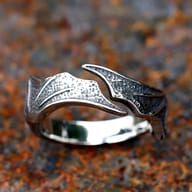 Angled side view of the open-ended 316L stainless steel dragon wing ring, showcasing its ergonomic design.
