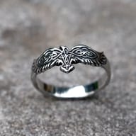 Side angle of the men's stainless steel ring, highlighting the eagle's tail and the band's texture.
