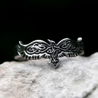 Close-up on the intricate head and upper body design of the Viking eagle on the stainless steel ring.