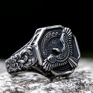 Side view detail of the intricate wing design and octagonal edge of the eagle ring.