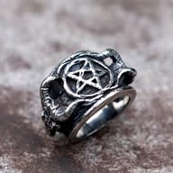 Detailed close-up of the central pentagram motif on a rugged 316L stainless steel men's ring.