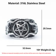 Close-up showcasing the durable 316L stainless steel and bold pentagram of the men's gothic ring.