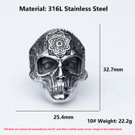 Overview of the men's gothic 316L stainless steel skull ring, emphasizing its overall powerful presence.