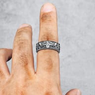 Full frontal view of the Phoenix Totem stainless steel ring showcasing the complete design repeat.