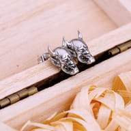 Pair of stainless steel gothic horned demon skull stud earrings resting on a wooden box