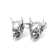 Back view of gothic demon skull stud earrings with stainless steel friction backs