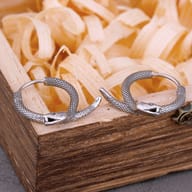 Both stainless steel serpent hoop earrings lying flat against a neutral backdrop