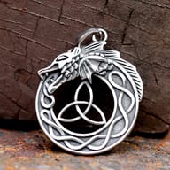 Men's Norse dragon ouroboros pendant worn on a stainless steel chain