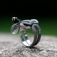 Men's 316L stainless steel snake ring with textured scales and open mouth, on a dark green and black background.