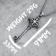 Ornate key pendant necklace worn, demonstrating its size and style when adorned