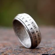 Close-up of engraved Norse Elder Futhark runes on rotating steel band