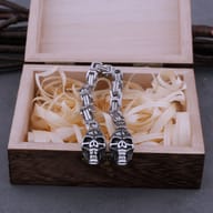 Full view of heavy stainless steel Byzantine link chain skull bracelet