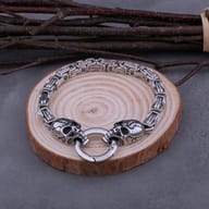 Overhead shot of stainless steel biker skull chain bracelet showing locking mechanism