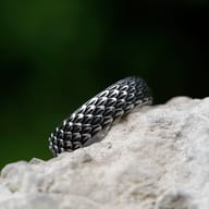 Angle view showcasing the brushed finish and dragon texture of the steel ring.