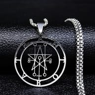 Overhead view of the Astaroth Sigil Goetia necklace with an extended chain.