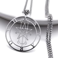 Angled shot of the Astaroth Sigil pendant, emphasizing its solid stainless steel construction.