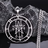 Close-up view of the detailed Astaroth Sigil Goetia pendant in polished stainless steel.