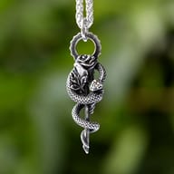 Front view of gothic snake coiled around a rose stem pendant in 316L stainless steel