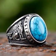 Antiqued stainless steel ring with a large oval blue veined stone, featuring a howling wolf carving and Viking runes on the band.