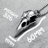 Back view of the 316L stainless steel crow skull pendant, revealing its solid and intricate construction.