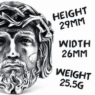 View of the durable Jesus face ring from above, illustrating its robust construction and substantial feel.