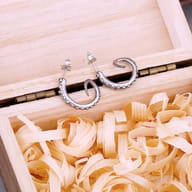 Pair of stainless steel octopus tentacle stud earrings resting in a wooden box