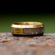 Detail shot of the textured ring band, emphasizing the Futhark runes etched into the metal.