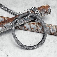 Detailed view of Ouroboros snake pendant's head and chain connection