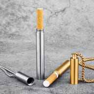 Silver and gold 316L stainless steel cigarette holder pendant necklaces with cigarettes on a grey surface.
