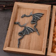 Pair of vintage stainless steel gothic dragon stud earrings resting inside an open wooden box
