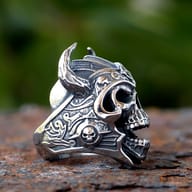 Angled view of the Viking warrior skull ring, showing the detailed skull and helmet design